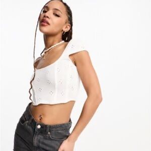 White Eyelet Crop Top ASOS Square Neck Short Sleeve‎ Blouse size 4 NWT